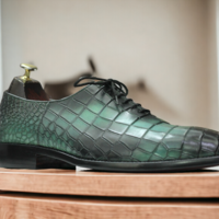 Bespoke Men's Sea Green & Black Alligator Print Shoes, Lace Up Shoes - Thumbnail 2
