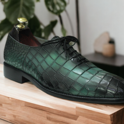Bespoke men's sea green & black alligator print shoes, lace up shoes - Thumbnail 1