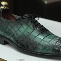 Handmade Men's Green Alligator Print Leather Lace Up Office Shoes - Thumbnail 1