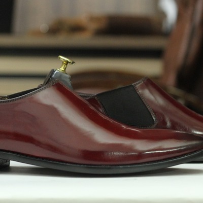 Handmade men's fashion burgundy leather half chelsea dress shoes
