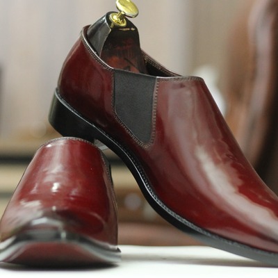 Handmade men's fashion burgundy leather half chelsea dress shoes - Thumbnail 2