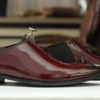 Handmade Men's Fashion Burgundy Leather Half Chelsea Dress Shoes - Thumbnail 1