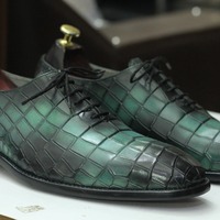 Handmade Men's Green Alligator Print Leather Lace Up Office Shoes - Thumbnail 1