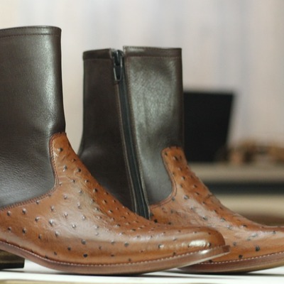 Handmade men's two tone ostrich leather zipper ankle high boots - Thumbnail 2