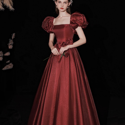 Burgundy a-line floor length prom dress, beautiful short sleeve princess dress - Thumbnail 1