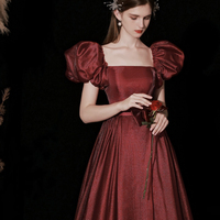 Burgundy A-Line Floor Length Prom Dress, Beautiful Short Sleeve Princess Dress - Thumbnail 4