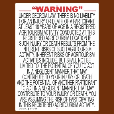 Agritourism liability sign