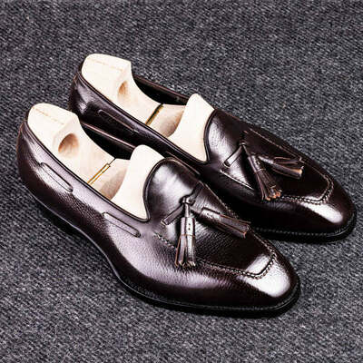 Men dark brown tassel loafer very classic hand stitched dress shoes - Thumbnail 1