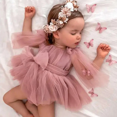 Infant baby girls ruffled summer romper belted bow tulle princess jumper and headband set, one piece outfit, free shipping