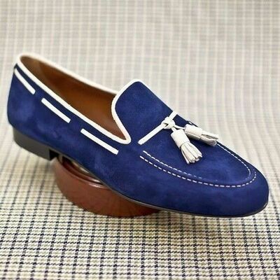 Men Navy Blue Suede Loafer Slip On White Tassel Black Sole Leather Shoes