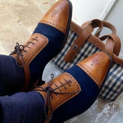 Genuine leather two tone brogue cap toe party wear lace up oxford handmade shoes - Thumbnail 2