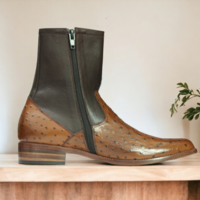 Ankle High Ostrich & Plain Leather Boot, Handmade Zipper Boot - Thumbnail 1