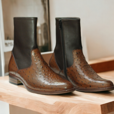 Ankle high ostrich & plain leather boot, handmade zipper boot - Thumbnail 1