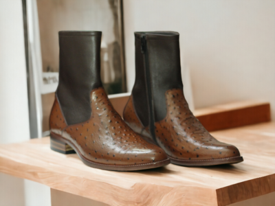 Ankle High Ostrich & Plain Leather Boot, Handmade Zipper Boot