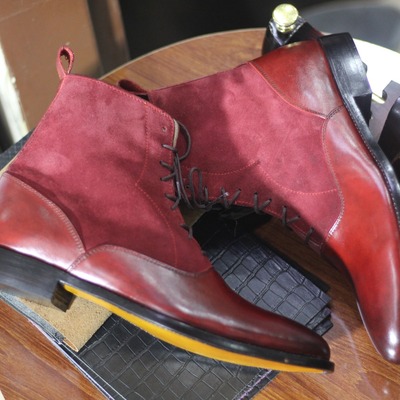 Handmade men's red leather & suede lace up ankle high boots