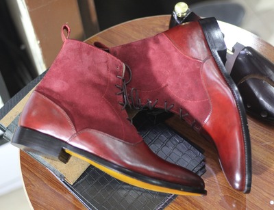 Handmade Men's Red Leather & Suede Lace Up Ankle High Boots