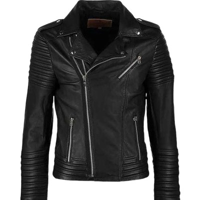 Handmade men's black leather zipper biker double pocket jacket