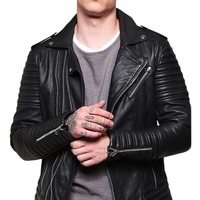 Handmade Men's Black Leather Zipper Biker Double Pocket Jacket - Thumbnail 1