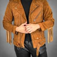 Handmade Men's Brown Fashion Suede Zipper Fringe Jacket - Thumbnail 1