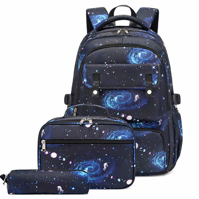 Universe galaxy star print waterproof plus size 15.6 inches laptop rucksack with lunch bag pencil bag 3 piece set daypack student rucksack