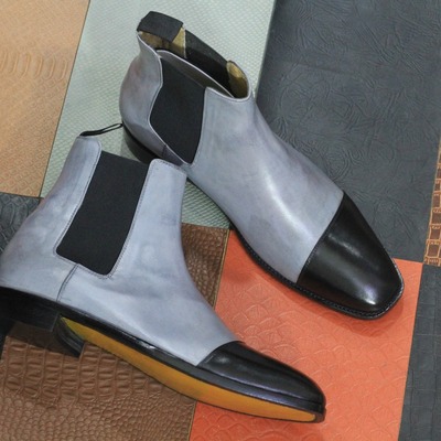 Handmade men's two tone leather cap toe chelsea ankle high boots