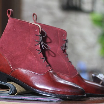 Handmade men's red leather & suede lace up ankle high boots