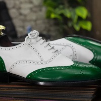 Handmade Men's Two Tone Leather Lace Up Wing Tip Dress Shoes - Thumbnail 1