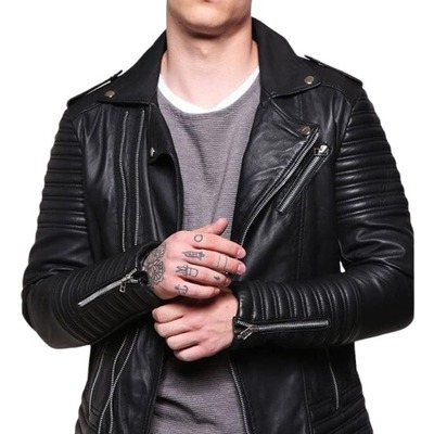 Handmade men's black leather zipper biker double pocket jacket