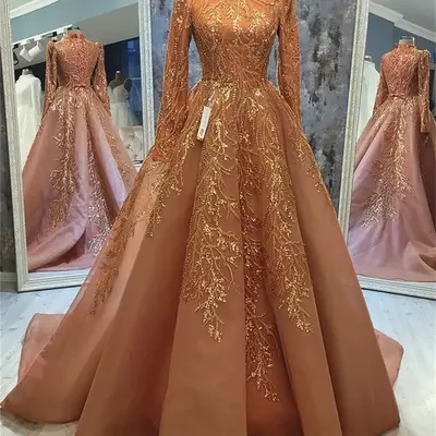 Luxury full lace long sleeve muslim evening dresses high neck lace plus size formal prom party gowns robe de soiree - Thumbnail 2