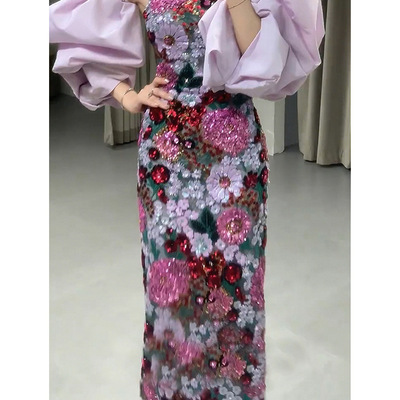 Sequined 3d flowers strapless sheath prom party dresses with puff sleeves