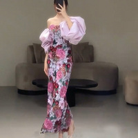 Sequined 3D Flowers Strapless Sheath Prom Party Dresses with Puff Sleeves - Thumbnail 3