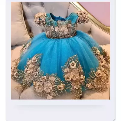 Blue little flower girls dresses short sleeve pearls princess kids first communion gown knee length toddler christening dress - Thumbnail 5