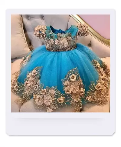 Blue Little Flower Girls Dresses Short Sleeve Pearls Princess Kids First Communion Gown Knee Length Toddler Christening Dress