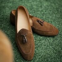 Classic Men's Handmade Brown Tassels Loafer Suede Shoes - Thumbnail 1