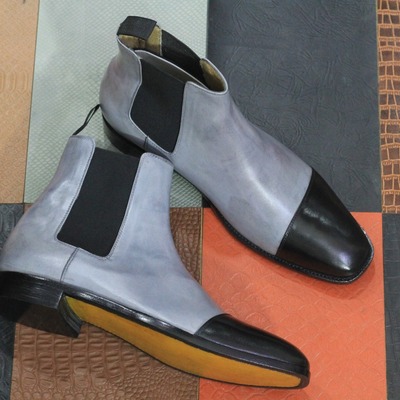 Ankle high grey black chelsea leather boot, handmade genuine leather boot - Thumbnail 1