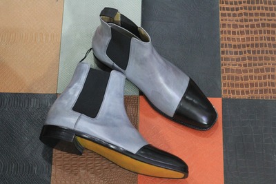 Ankle High Grey Black Chelsea Leather Boot, Handmade Genuine Leather Boot