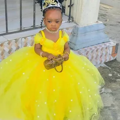 Yellow pearls flower girl dresses ball gown spaghetti hand made flowers lilttle kids birthday pageant weddding gowns - Thumbnail 5
