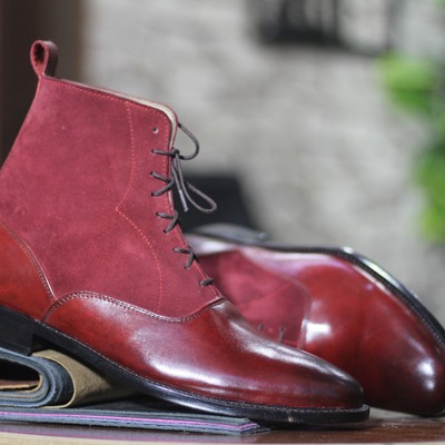 Ankle high handmade leather suede boot, lace up boot for men's
