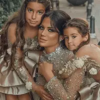  Flower Girls Dresses Sheer Neck Long Sleeve Hand Made Flowers Kids Formal Wear Hi Lo Satin Girl Dress For Wedding  - Thumbnail 1