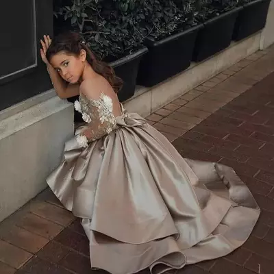  flower girls dresses sheer neck long sleeve hand made flowers kids formal wear hi lo satin girl dress for wedding  - Thumbnail 4