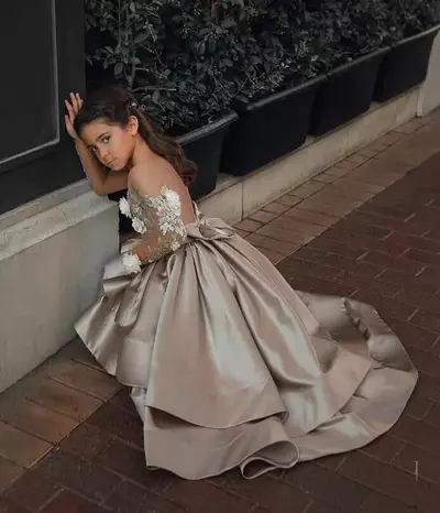  Flower Girls Dresses Sheer Neck Long Sleeve Hand Made Flowers Kids Formal Wear Hi Lo Satin Girl Dress For Wedding 