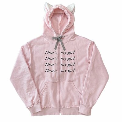 Light pink velvet cat ear bow letter print loose hoodie