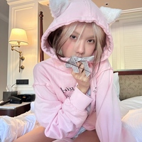 Light pink velvet cat ear bow letter print loose hoodie - Thumbnail 2