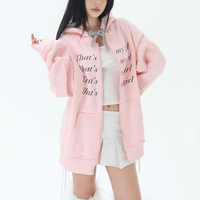 Light pink velvet cat ear bow letter print loose hoodie - Thumbnail 3