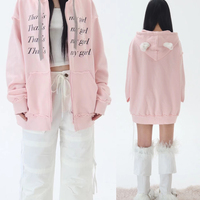 Light pink velvet cat ear bow letter print loose hoodie - Thumbnail 5