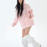 Light pink velvet cat ear bow letter print loose hoodie - Thumbnail 9