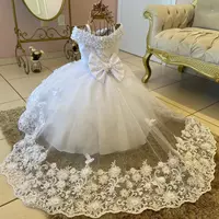 White Pearls Flower Girls Dress First Birthday Princess Beaded Floral Tulle Christmas New Ball Gown Photoshoot - Thumbnail 1