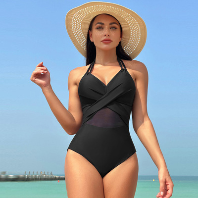 Solid color mesh one piece swimsuit women push up halter high waisted swimwear