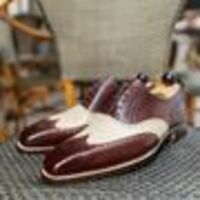 Handmade Men Brown White Oxford Wingtip Dress Lace up Shoes - Thumbnail 1