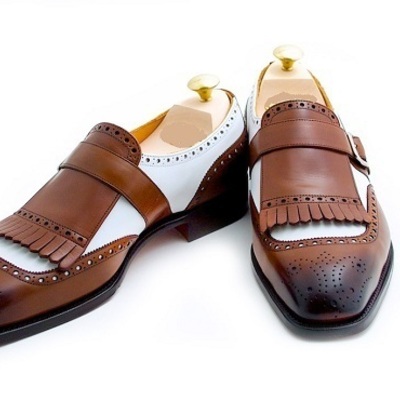 Burnished brogues toe two tone moccasin loafer slip on genuine leather formal men shoes - Thumbnail 1